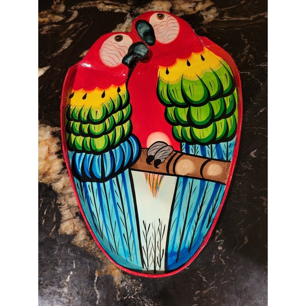 Parrots Tray Vintage Large Papier Mache Parrot Hand Painted Macaws Artist Signed